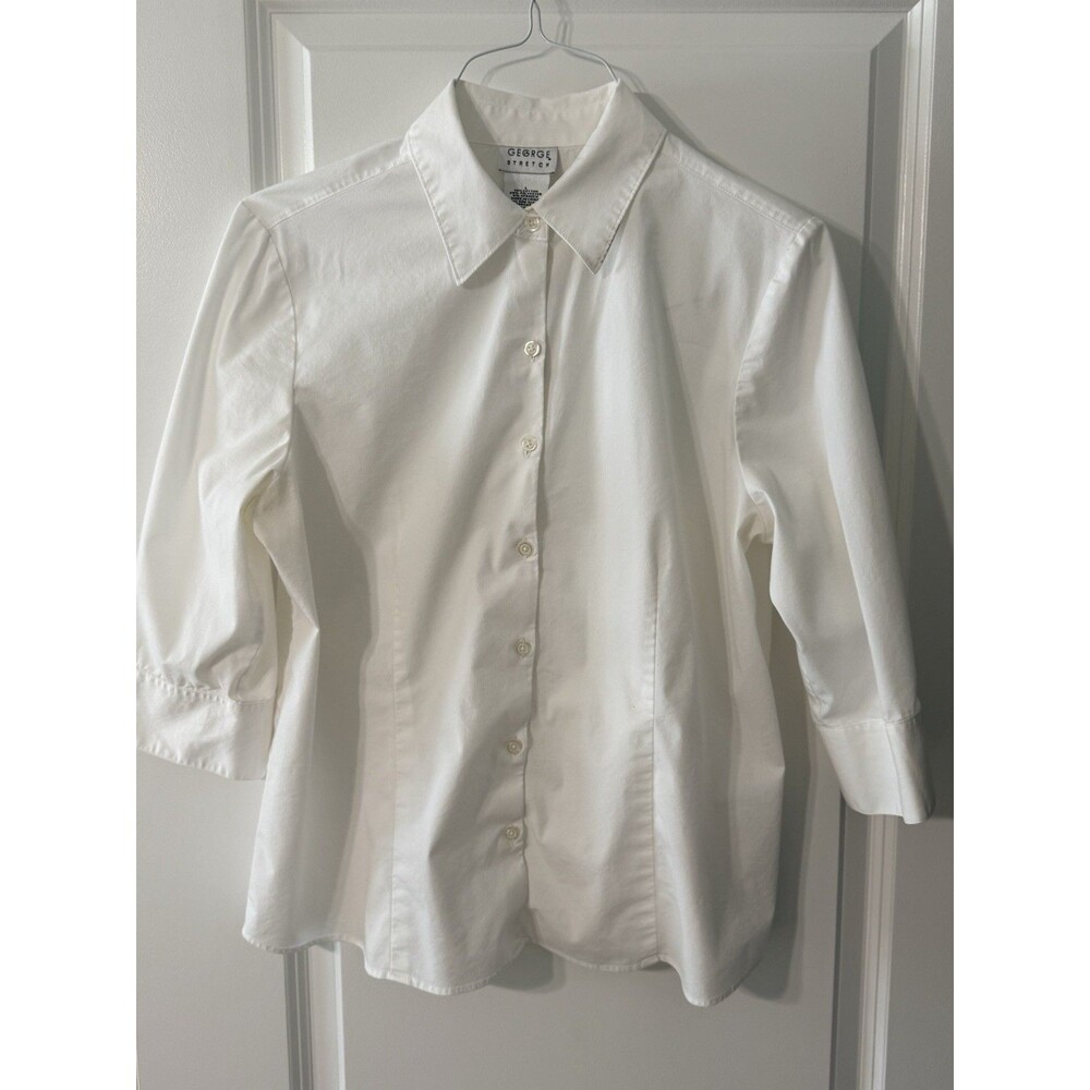 George Stretch Women’s White Button Up Shirt | 3/4 Sleeves | Classic Collar